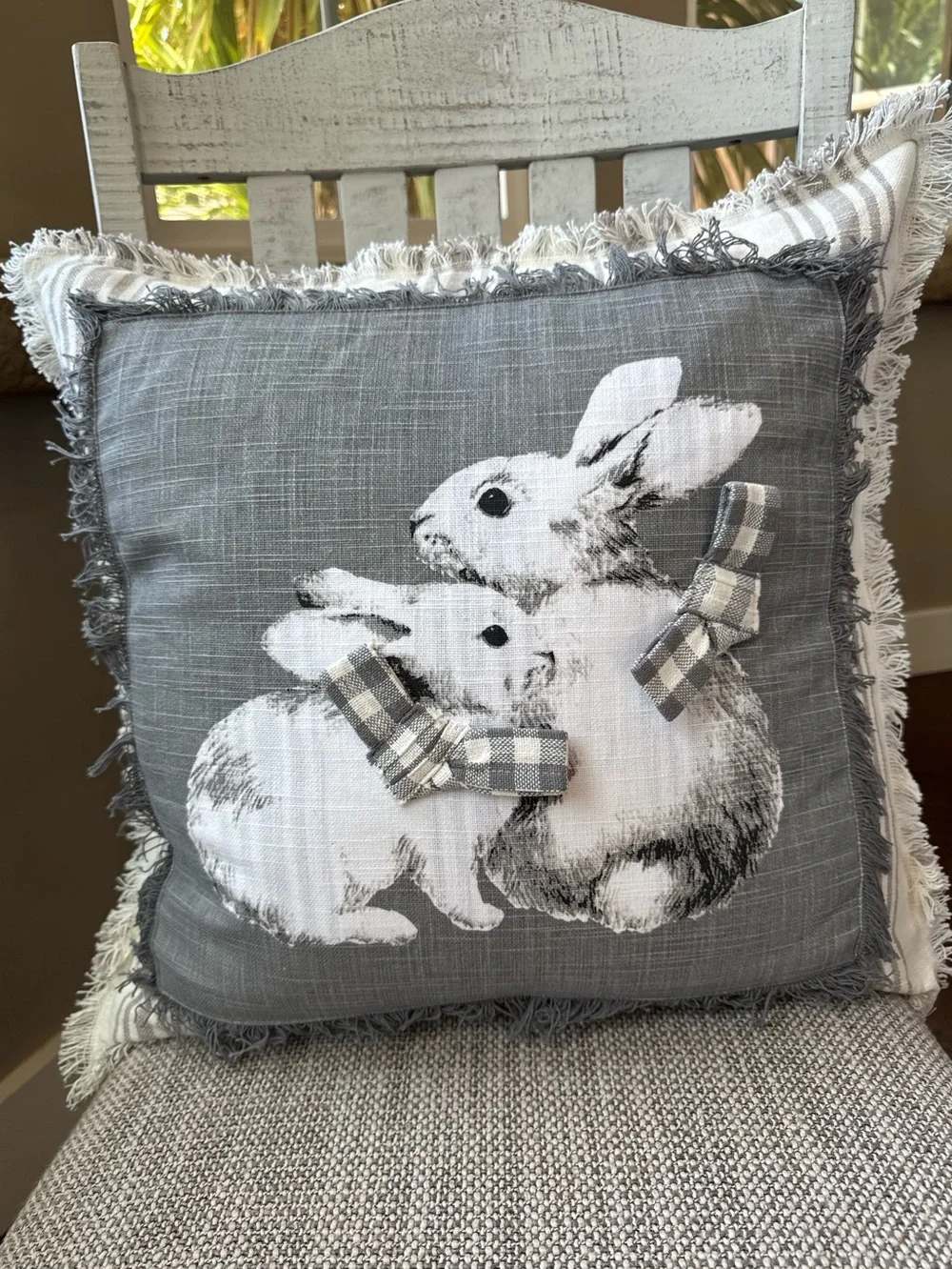 Gray Bunny 20X20 Farmhouse Decorative Fringe & Checkered Throw Pillow